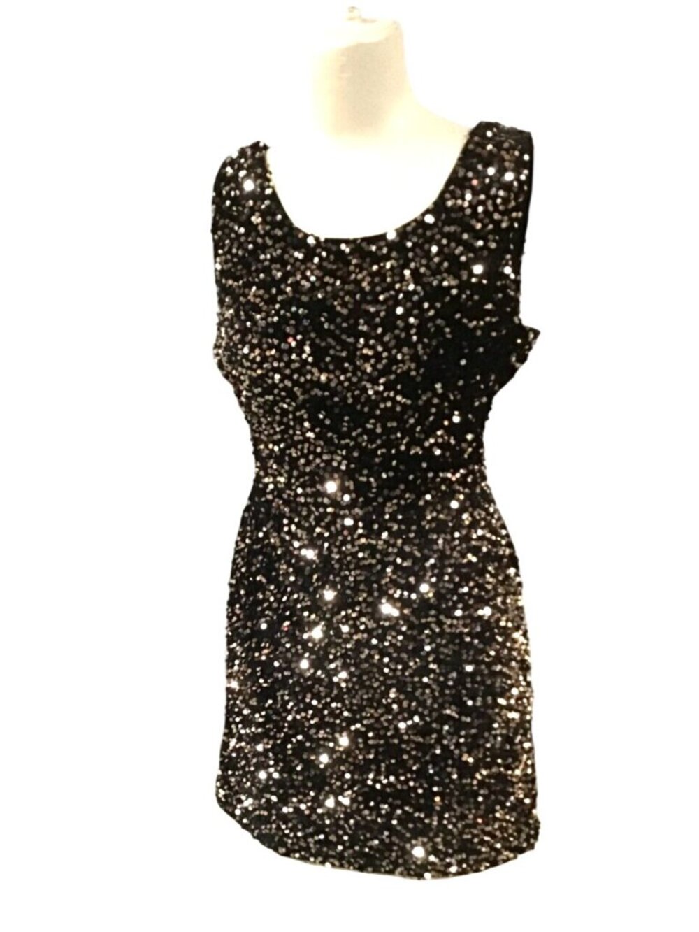 She Sky Womens Large Keyhole Back Black Gold Sequin Dress